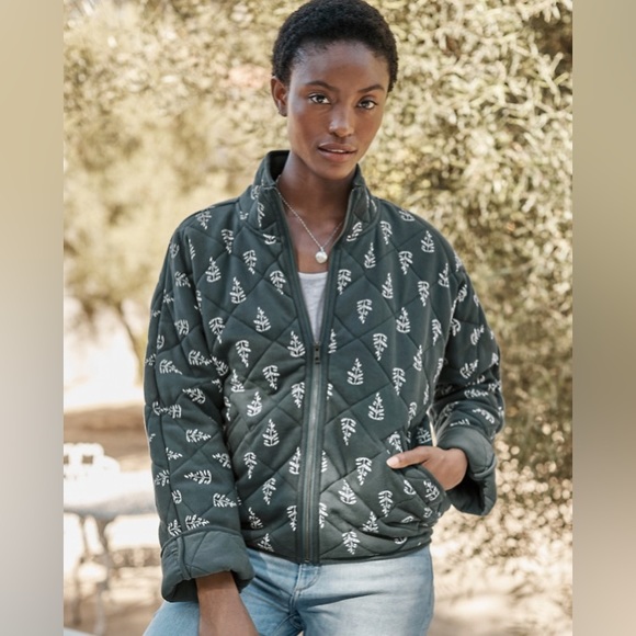 Garnet Hill Jackets & Blazers - Garnet Hill Easy Quilted Knit Jacket - Lagoon block print (green with leaves)